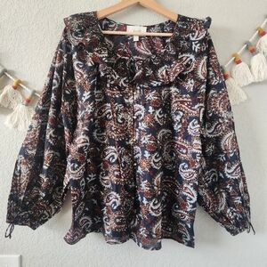 Cleobella Jillian Paisley Ruffle Button Down Balloon Sleeve Top Boho Coquette L